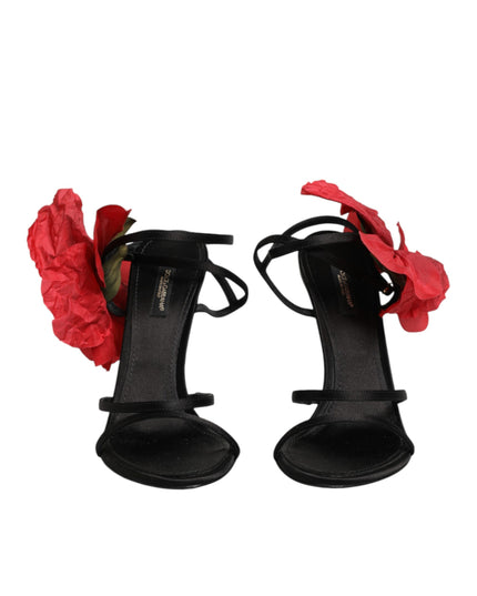 Dolce & Gabbana Black Leather Strappy Flower Heels Sandals  Shoes