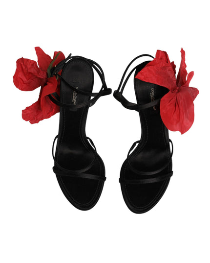 Dolce & Gabbana Black Leather Strappy Flower Heels Sandals  Shoes