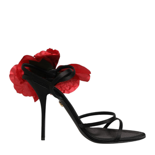 Dolce & Gabbana Black Leather Strappy Flower Heels Sandals  Shoes