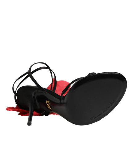 Dolce & Gabbana Black Leather Strappy Flower Heels Sandals  Shoes