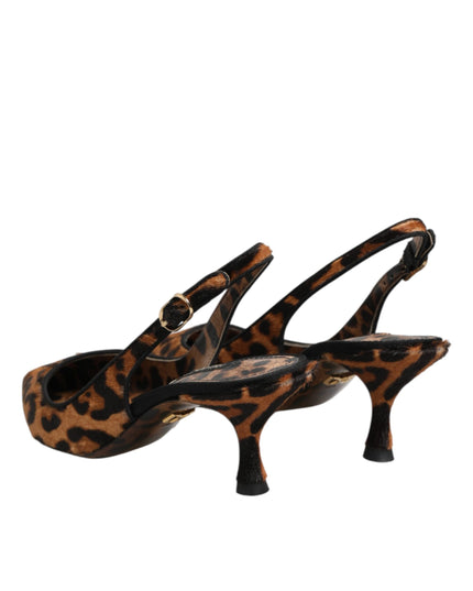 Dolce & Gabbana Brown Leopard Calfskin Fur Slingbacks Shoes