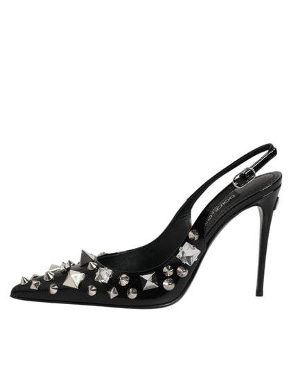 Dolce & Gabbana Black Studded Leather Heels Slingbacks Shoes