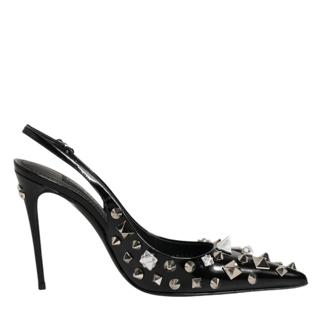 Dolce & Gabbana Black Studded Leather Heels Slingbacks Shoes