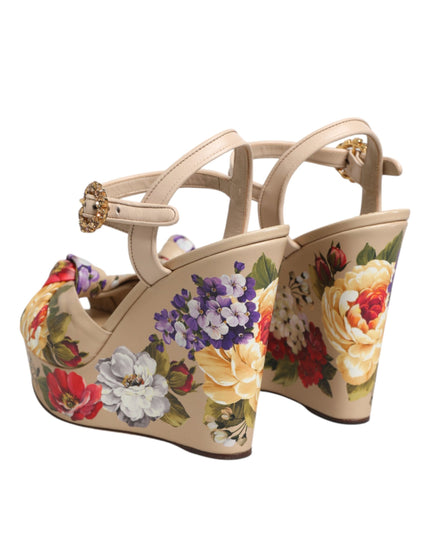 Dolce & Gabbana Beige Floral Ankle Strap Wedge Sandals Shoes