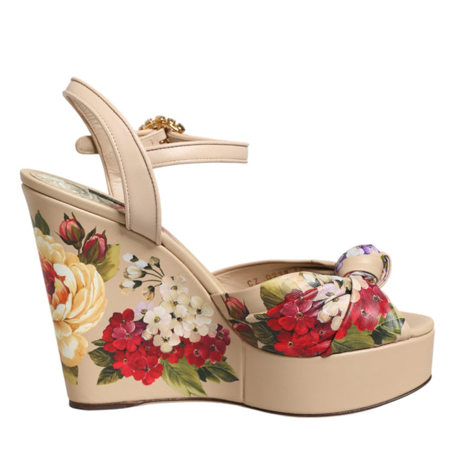 Dolce & Gabbana Beige Floral Ankle Strap Wedge Sandals Shoes