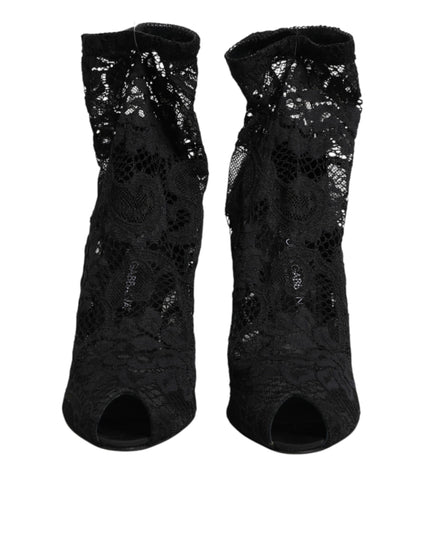 Dolce & Gabbana Black Stretch Taormina Lace Boots Shoes