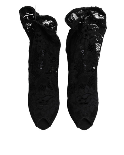 Dolce & Gabbana Black Stretch Taormina Lace Boots Shoes