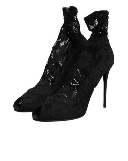 Dolce & Gabbana Black Stretch Taormina Lace Boots Shoes