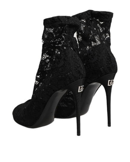 Dolce & Gabbana Black Stretch Taormina Lace Boots Shoes