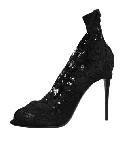 Dolce & Gabbana Black Stretch Taormina Lace Boots Shoes