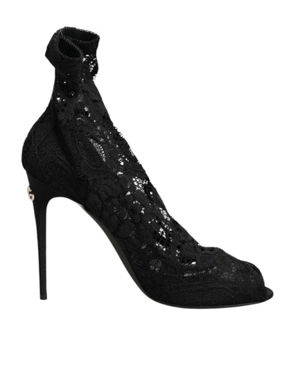 Dolce & Gabbana Black Stretch Taormina Lace Boots Shoes