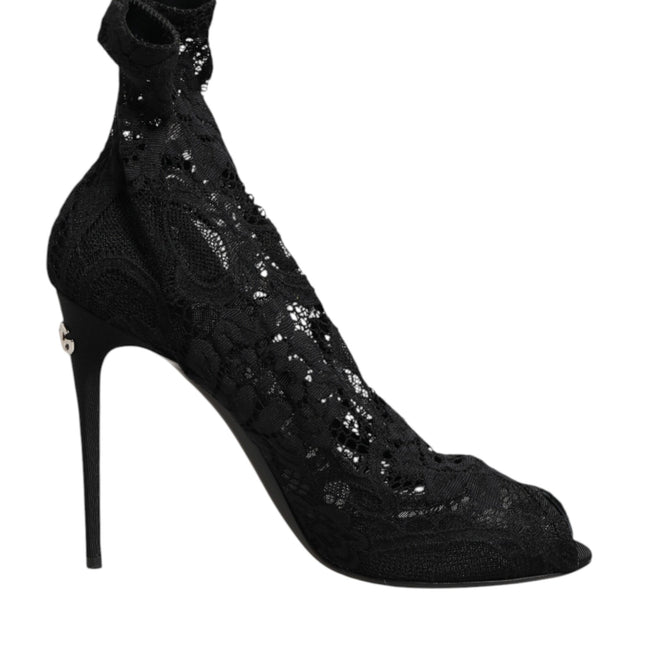 Dolce & Gabbana Black Stretch Taormina Lace Boots Shoes
