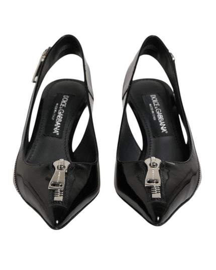 Dolce & Gabbana Black Zipper Leather Heels Slingbacks Shoes