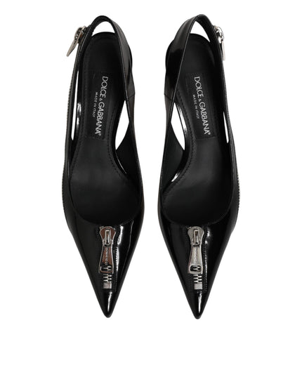 Dolce & Gabbana Black Zipper Leather Heels Slingbacks Shoes
