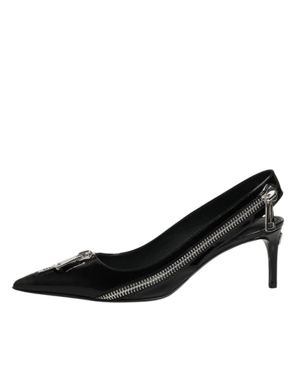 Dolce & Gabbana Black Zipper Leather Heels Slingbacks Shoes