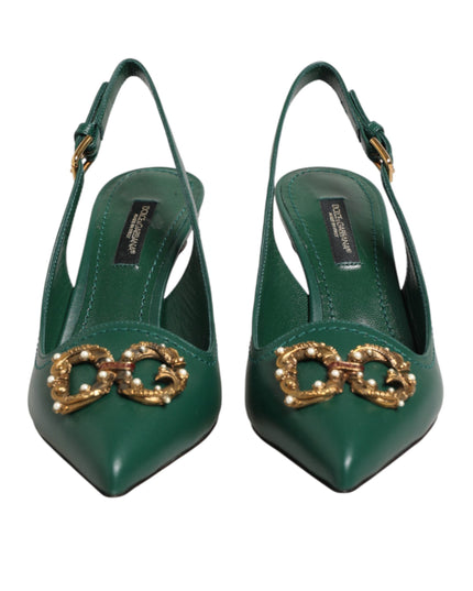 Dolce & Gabbana Green Leather AMORE Heels Slingbacks Shoes