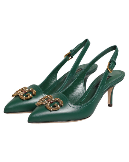 Dolce & Gabbana Green Leather AMORE Heels Slingbacks Shoes