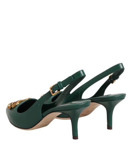 Dolce & Gabbana Green Leather AMORE Heels Slingbacks Shoes