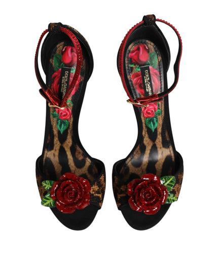 Dolce & Gabbana Brown Leopard Crystal Roses Sandals Shoes