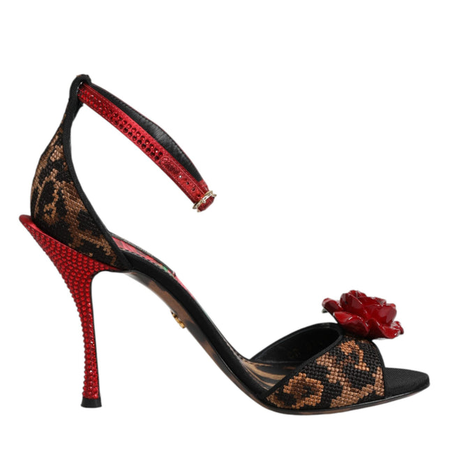 Dolce & Gabbana Brown Leopard Crystal Roses Sandals Shoes