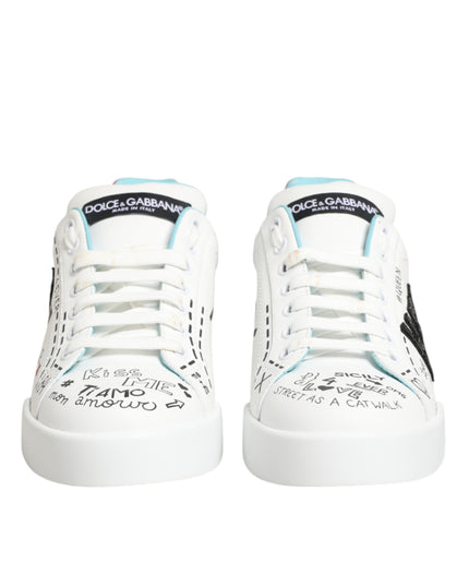 Dolce & Gabbana White Leather Graffiti Low Top Sneakers Shoes