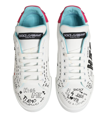Dolce & Gabbana White Leather Graffiti Low Top Sneakers Shoes