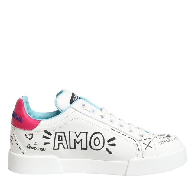 Dolce & Gabbana White Leather Graffiti Low Top Sneakers Shoes