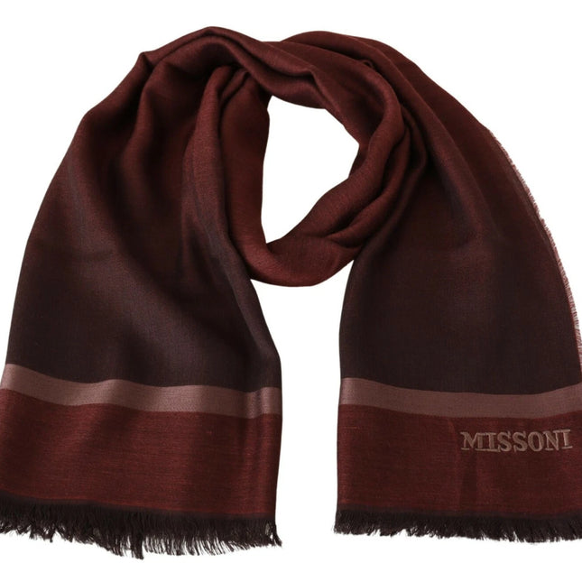 M Missoni Maroon Striped Wool Blend Unisex Wrap Fringes Scarf