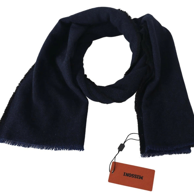 M Missoni Dark Blue Wool Unisex Neck Wrap Fringes Logo Scarf