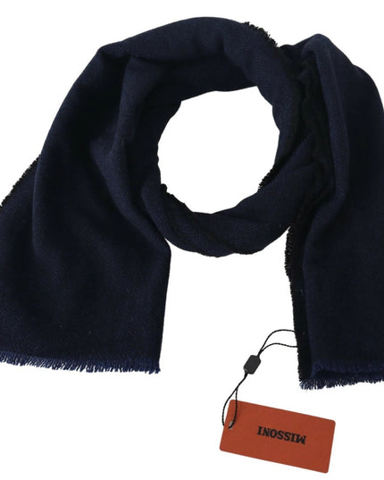 M Missoni Dark Blue Wool Unisex Neck Wrap Fringes Logo Scarf