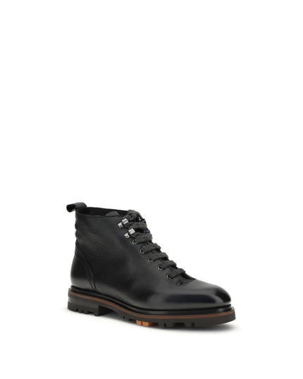 Santoni Black Calf Leather Bos Taurus Lace-Up Boots