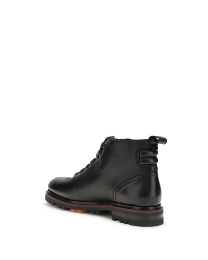 Santoni Black Calf Leather Bos Taurus Lace-Up Boots