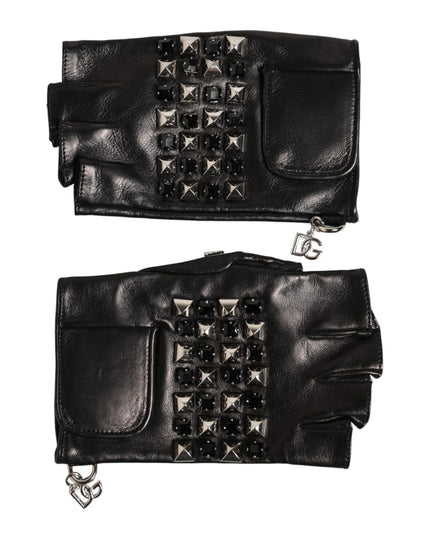 Dolce & Gabbana Black Leather Studded Fingerless Hand Mitten Men Gloves