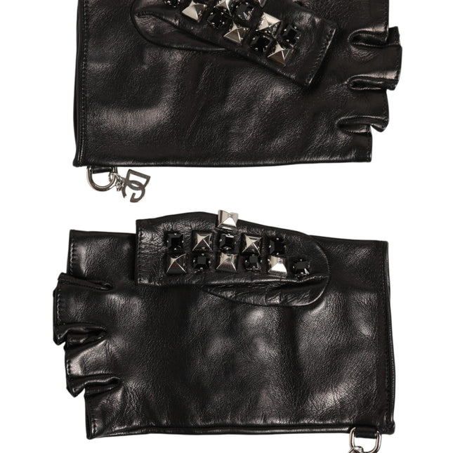 Dolce & Gabbana Black Leather Studded Fingerless Hand Mitten Men Gloves