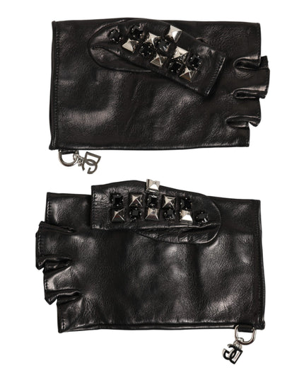 Dolce & Gabbana Black Leather Studded Fingerless Hand Mitten Men Gloves