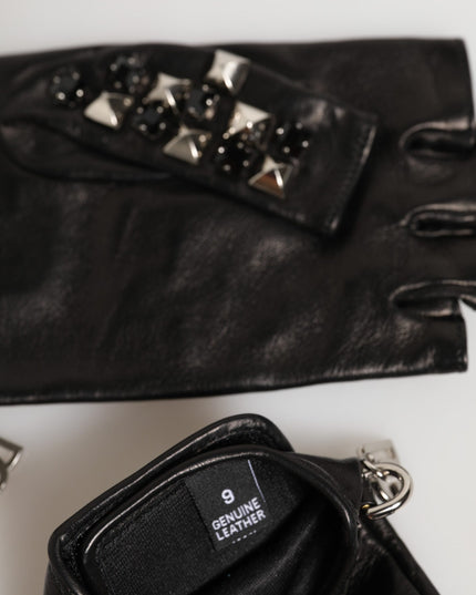 Dolce & Gabbana Black Leather Studded Fingerless Hand Mitten Men Gloves