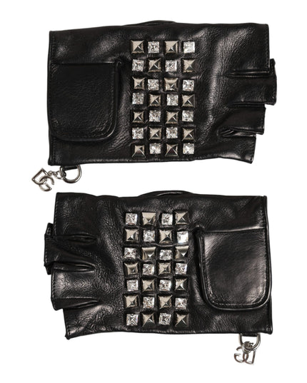 Dolce & Gabbana Black Leather Studded Fingerless Hand Mitten Men Gloves