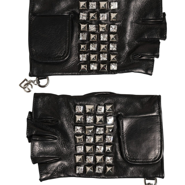 Dolce & Gabbana Black Leather Studded Fingerless Hand Mitten Men Gloves