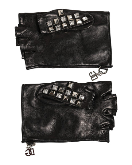 Dolce & Gabbana Black Leather Studded Fingerless Hand Mitten Men Gloves