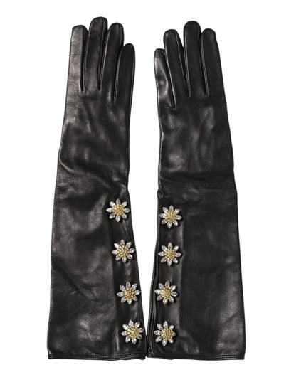 Dolce & Gabbana Black Leather Embellished Long Mitten Gloves