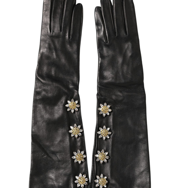Dolce & Gabbana Black Leather Embellished Long Mitten Gloves