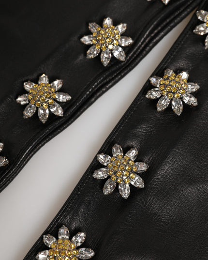Dolce & Gabbana Black Leather Embellished Long Mitten Gloves