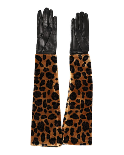 Dolce & Gabbana Brown Black Leopard Leather Elbow Length Mitten Gloves