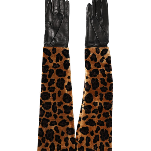 Dolce & Gabbana Brown Black Leopard Leather Elbow Length Mitten Gloves