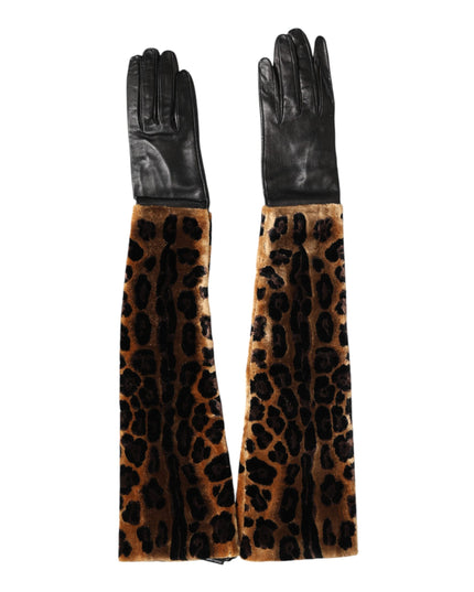 Dolce & Gabbana Brown Black Leopard Leather Elbow Length Mitten Gloves
