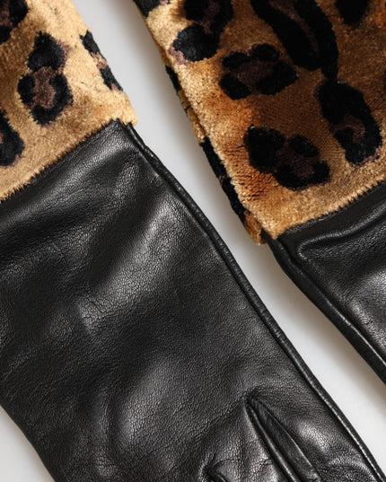Dolce & Gabbana Brown Black Leopard Leather Elbow Length Mitten Gloves