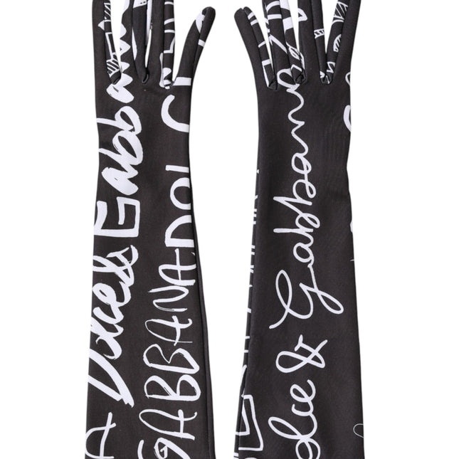 Dolce & Gabbana Black White DG Logo Elbow Length Mitten Gloves