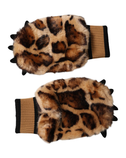 Dolce & Gabbana Brown Leopard Knitted Fur Wrist Mitten Gloves
