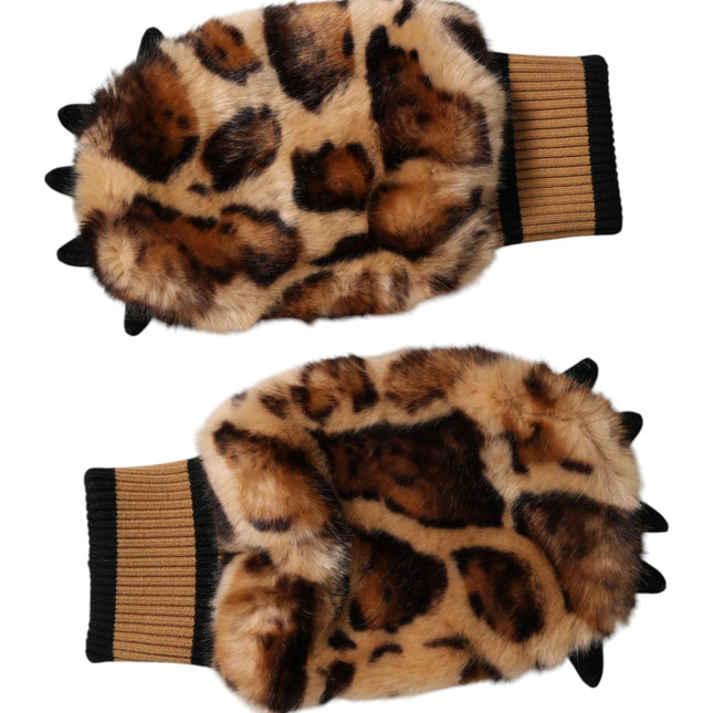 Dolce & Gabbana Brown Leopard Knitted Fur Wrist Mitten Gloves
