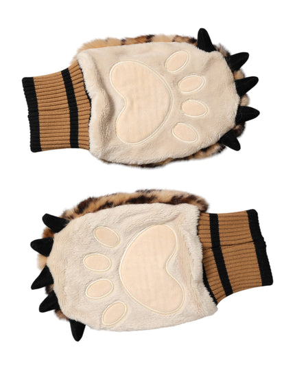 Dolce & Gabbana Brown Leopard Knitted Fur Wrist Mitten Gloves